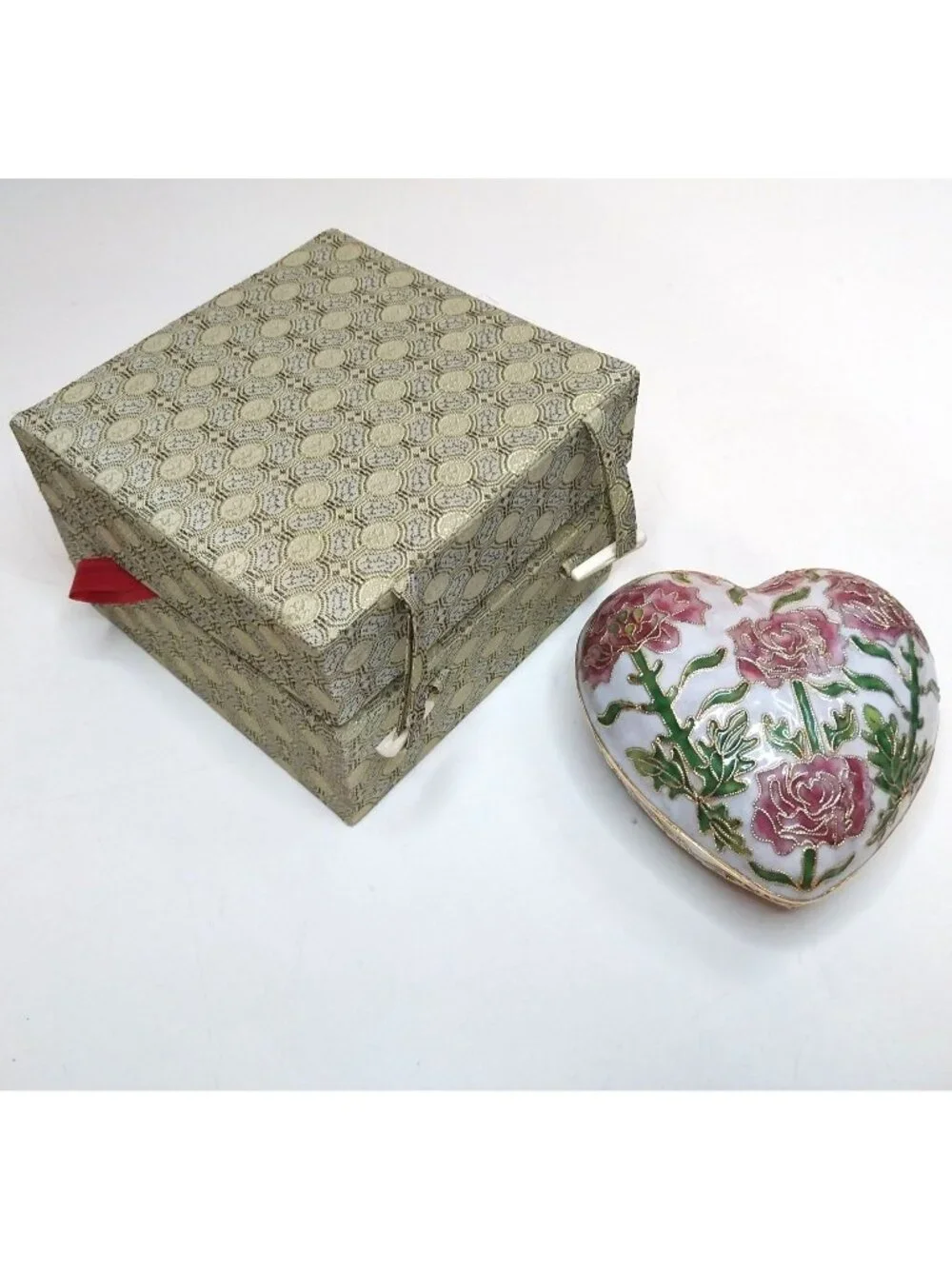 Vintage Heart-Shaped Cloisonné Enamel Trinket Box With Original Box Large